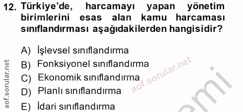 12. soru: Türkiye'de, harcamayı yapan yönetim birimlerini esas alan kamu harcaması sınıflandırması aşağıdakilerden hangisidir?…