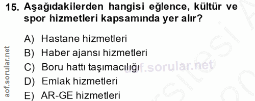 15. soru: Aşağıdakilerden hangisi eğlence, kültür ve spor hizmetleri kapsamında yer alır? A) Hastane hizmetleri B) Haber ajansı…