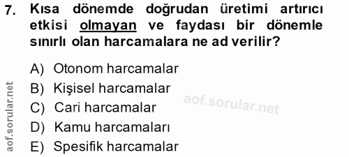 7. soru: Kısa dönemde doğrudan üretimi artırıcı etkisi olmayan ve faydası bir dönemle sınırlı olan harcamalara ne ad verilir?…
