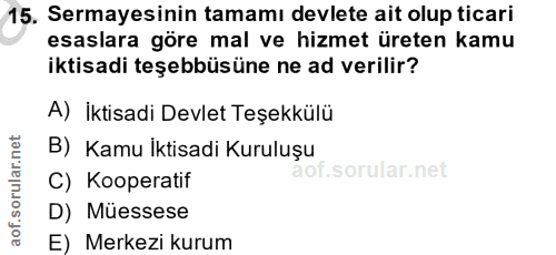 15. soru: Sermayesinin tamamı devlete ait olup ticari esaslara göre mal ve hizmet üreten kamu iktisadi teşebbüsüne ne ad verili…