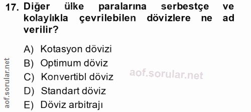 17. soru: Diğer ülke paralarına serbestçe ve Kolaylıkla çevrilebilen dövizlere ne ad verilir? A) Kotasyon dövizi B) Optimum döv…