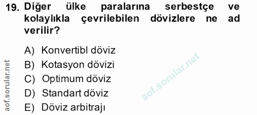 19. soru: Diğer ülke paralarına serbestçe ve kolaylıkla çevrilebilen dövizlere ne ad verilir? A) Konvertibl döviz B) Kotasyon d…