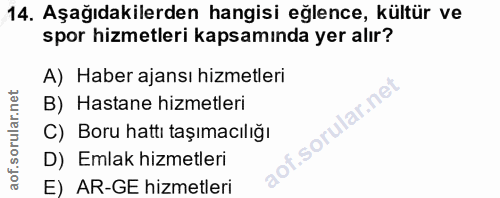 14. soru: Aşağıdakilerden hangisi eğlence, kültür ve spor hizmetleri kapsamında yer alır? A) Haber ajansı hizmetleri B) Hastane…