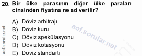 20. soru: Bir ülke parasinin diğer ülke paraları cinsinden fiyatına ne ad verilir? A) Döviz arbitraji B) Döviz kuru C) Döviz sp…