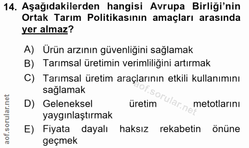 14. soru: Aşağıdakilerden hangisi Avrupa Birliği'nin Ortak Tarım Politikasının amaçları arasında yer almaz? A) Ürün arzının güv…