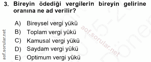 3. soru: Bireyin ödediği vergilerin bireyin gelirine oranına ne ad verilir? A) Bireysel vergi yükü B) Toplam vergi yükü C) Kam…