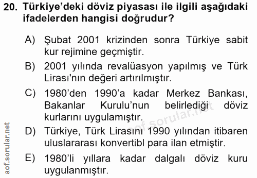 20. soru: Türkiye'deki döviz piyasası ile ilgili aşağıdaki ifadelerden hangisi doğrudur? A) Şubat 2001 krizinden sonra Türkiye…