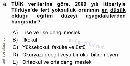 6. soru: TUIK verilerine göre, 2009 yılı itibariyle Türkiye'de fert yoksulluk oranının en düşük oldugu eğitim düzeyi aşağıdaki…