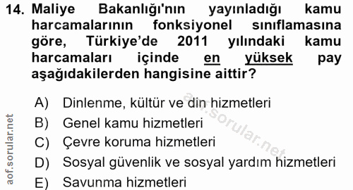 14. soru: Maliye Bakanlığı'nın yayınladığı kamu harcamalarının fonksiyonel sınıflamasına göre, Türkiye'de 2011 yılındaki kamu h…