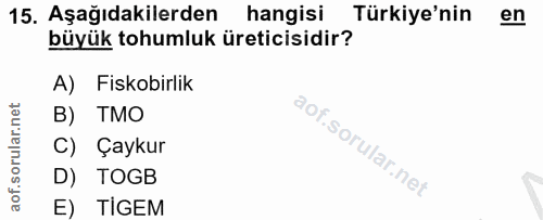 15. soru: Aşağıdakilerden hangisi Türkiye'nin en büyük tohumluk üreticisidir? A) Fiskobirlik B) TMO C) Çaykur D) TOGB E) TIGEM