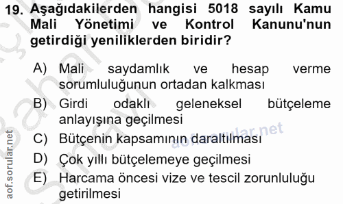 19. soru: Aşağıdakilerden hangisi 5018 sayılı Kamu Mali Yönetimi ve Kontrol Kanunu'nun getirdiği yeniliklerden biridir? A) Mali…