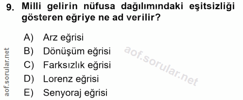 9. soru: Milli gelirin nüfusa dağılımındaki eşitsizliği gösteren eğriye ne ad verilir? A) Arz eğrisi B) Dönüşüm eğrisi C) Fark…