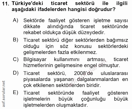 11. soru: Türkiye'deki ticaret sektörü ile ilgili aşağıdaki ifadelerden hangisi doğrudur? A) Sektörde faaliyet gösteren işletme…