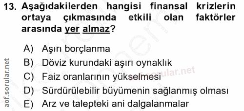 13. soru: Aşağıdakilerden hangisi finansal krizlerin ortaya çıkmasında etkili olan faktörler arasında yer almaz? A) Aşırı borçl…