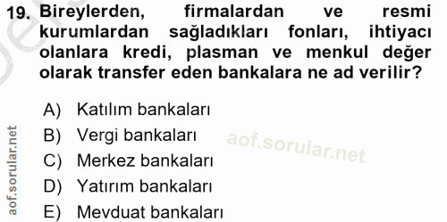 19. soru: Bireylerden, firmalardan ve resmi kurumlardan sağladıkları fonları, ihtiyacı olanlara kredi, plasman ve menkul değer…