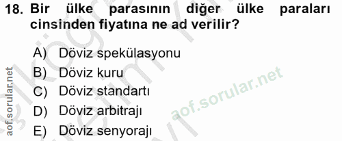 18. soru: Bir ülke parasının diğer ülke paraları cinsinden fiyatına ne ad verilir? Döviz spekülasyonu B) Döviz kuru C) Döviz st…