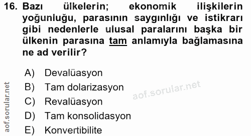 16. soru: Bazı ülkelerin; ekonomik ilişkilerin yoğunluğu, parasının saygınlığı ve istikrarı gibi nedenlerle ulusal paralarını b…