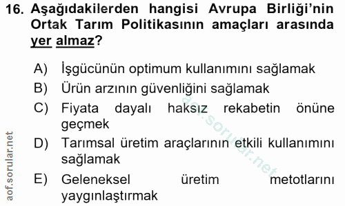 16. soru: Aşağıdakilerden hangisi Avrupa Birliği'nin Ortak Tarım Politikasının amaçları arasında yer almaz! A) İşgücünün optimu…