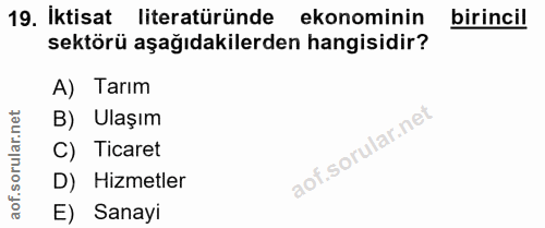 19. soru: İktisat literatüründe ekonominin birincil sektörü aşağıdakilerden hangisidir? A) Tarım orular.net B) Ulaşım C) Ticare…