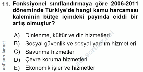 11. soru: Fonksiyonel sınıflandırmaya göre 2006-2011 döneminde Türkiye'de hangi kamu harcaması kaleminin bütçe içindeki payında…