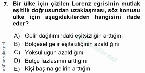 7. soru: Bir ülke için çizilen Lorenz eğrisinin mutlak eşitlik doğrusundan uzaklaşması, söz konusu ülke için aşağıdakilerden h…