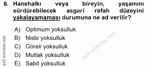 6. soru: Hanehalkı veya bireyin, yaşamını sürdürebilecek asgari refah düzeyini yakalayamaması durumuna ne ad verilir? A) Optim…