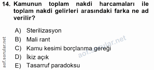 14. soru: Kamunun toplam nakdi harcamaları ile toplam nakdi gelirleri arasındaki farka ne ad verilir? A) Sterilizasyon B) Mali…