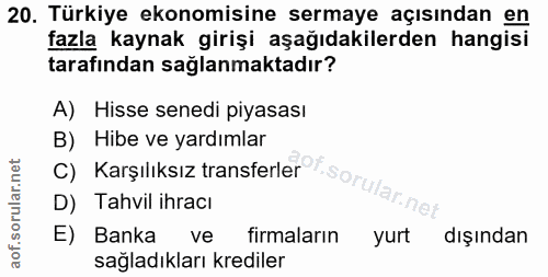 20. soru: Türkiye ekonomisine sermaye açısından en fazla kaynak girişi aşağıdakilerden hangisi tarafından sağlanmaktadır? A) Hi…