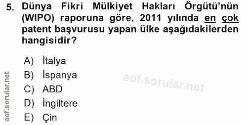 5. soru: Dünya Fikri Mülkiyet Hakları Örgütü'nün (WIPO) raporuna göre, 2011 yılında en çok patent başvurusu yapan ülke aşağıda…