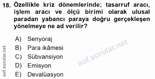 18. soru: Özellikle kriz dönemlerinde; tasarruf aracı, işlem aracı ve ölçü birimi olarak ulusal paradan yabancı paraya doğru ge…