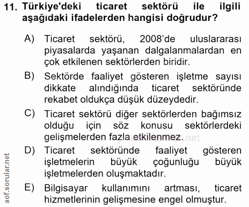 11. soru: Türkiye'deki ticaret sektörü ile ilgili aşağıdaki ifadelerden hangisi doğrudur? A) Ticaret sektörü, 2008'de uluslarar…