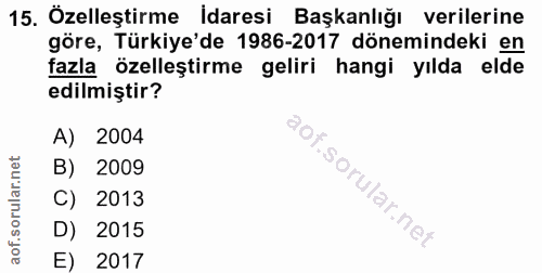 15. soru: Özelleştirme İdaresi Başkanlığı verilerine göre, Türkiye'de 1986-2017 dönemindeki en fazla özelleştirme geliri hangi…