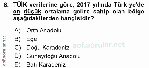 8. soru: TÜlK verilerine göre, 2017 yılında Türkiye'de en düşük ortalama gelire sahip olan bölge aşağıdakilerden hangisidir? A…