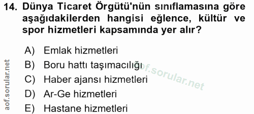 14. soru: Dünya Ticaret Örgütü'nün sınıflamasına göre aşağıdakilerden hangisi eğlence, kültür ve spor hizmetleri kapsamında yer…