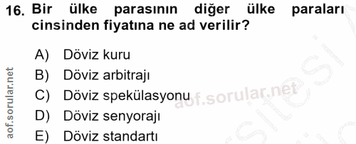 16. soru: Bir ülke parasının diğer ülke paraları cinsinden fiyatina ne ad verilir? A) Döviz kuru B) Döviz arbitraji C) Döviz sp…
