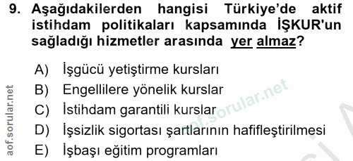 9. soru: Aşağıdakilerden hangisi Türkiye'de aktif istihdam politikaları kapsamında İŞKUR'un sağladığı hizmetler arasında yer a…