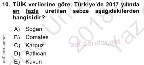 10. soru: TUIK verilerine göre, Türkiye'de 2017 yılında en fazla üretilen sebze aşağıdakilerden hangisidir? A) Sogan B) Domates…