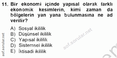 11. soru: Bir ekonomi içinde yapısal olarak farklı ekonomik kesimlerin, kimi zaman da bölgelerin yan yana bulunmasına ne ad ver…
