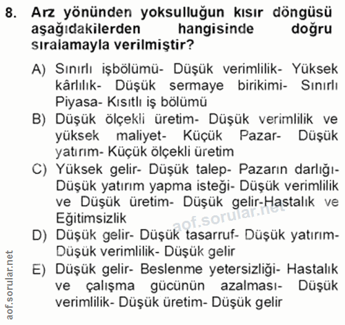 8. soru: Arz yönünden yoksulluğun kısır döngüsü aşağıdakilerden hangisinde doğru sıralamayla verilmiştir? A) Sınırlı işbölümü-…