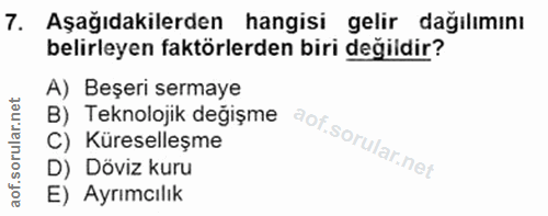7. soru: Aşağıdakilerden hangisi gelir dağılımını belirleyen faktörlerden biri değildir? A) Beşeri sermaye B) Teknolojik değiş…
