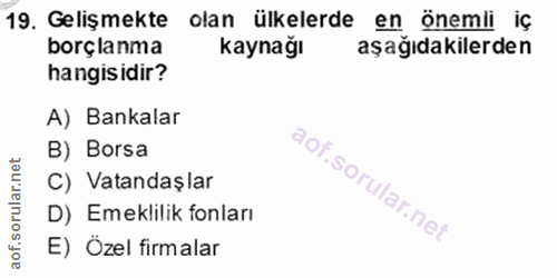 19. soru: Gelişmekte olan ülkelerde en önemli iç borçlanma Kaynağı aşağıdakilerden hangisidir? A) Bankalar B) Borsa C) Vatandaş…