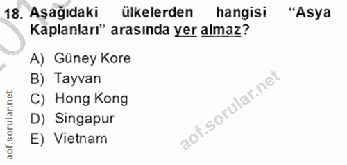 18. soru: Aşağıdaki ülkelerden hangisi "Asya Kaplanları" arasında yer almaz? A) Güney Kore B) Tayvan C) Hong Kong D) Singapur E…