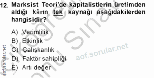 12. soru: Marksist Teori'de kapitalistlerin üretimden aldığı kârın. tek y kaynağı aşağıdakilerden hangisidir? A) Verimlilik B)…