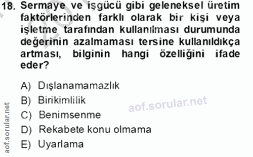 18. soru: Sermaye ve işgücü gibi geleneksel üretim faktörlerinden farklı olarak bir kişi veya işletme tarafından kullanılması d…