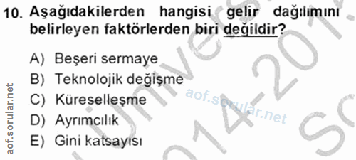10. soru: Aşağıdakilerden hangisi gelir dağılımını belirleyen faktörlerden biri değildir? A) Beşeri sermaye B) Teknolojik değiş…