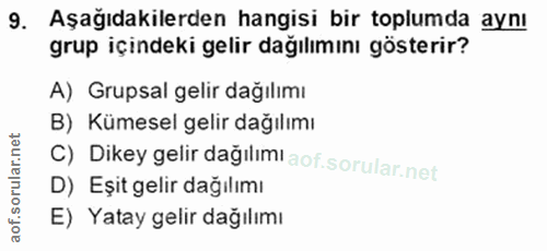 9. soru: Aşağıdakilerden hangisi bir toplumda aynı grup içindeki gelir dağılımını gösterir? A) Grupsal gelir dağılımı B) Kümes…