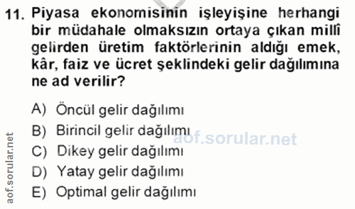 11. soru: Piyasa ekonomisinin işleyişine herhangi bir müdahale olmaksızın ortaya çıkan milli gelirden üretim faktörlerinin aldı…