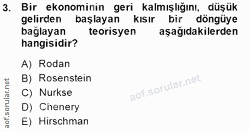 3. soru: Bir ekonominin geri kalmışlığını, düşük gelirden başlayan kısır bir döngüye bağlayan teorisyen aşağıdakilerden hangis…