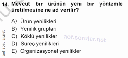 14. soru: Mevcut bir ürünün yeni bir yöntemle üretilmesine ne ad verilir? A) Ürün yenilikleri B) Yenilik grupları C) Köklü yeni…
