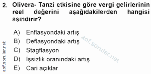2. soru: Olivera- Tanzi etkisine göre vergi gelirlerinin reel değerini aşağıdakilerden hangisi aşındırır? A) Enflasyondaki art…